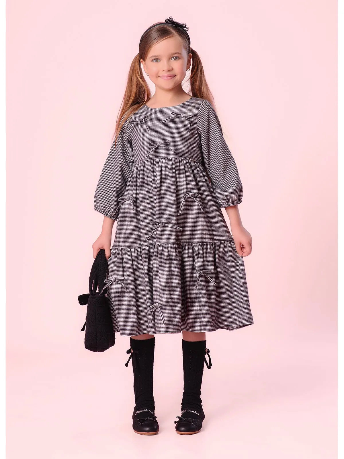 Vestido Babados Flanela Xadrez Laços Xadrez Preto e Off - BambolePetit