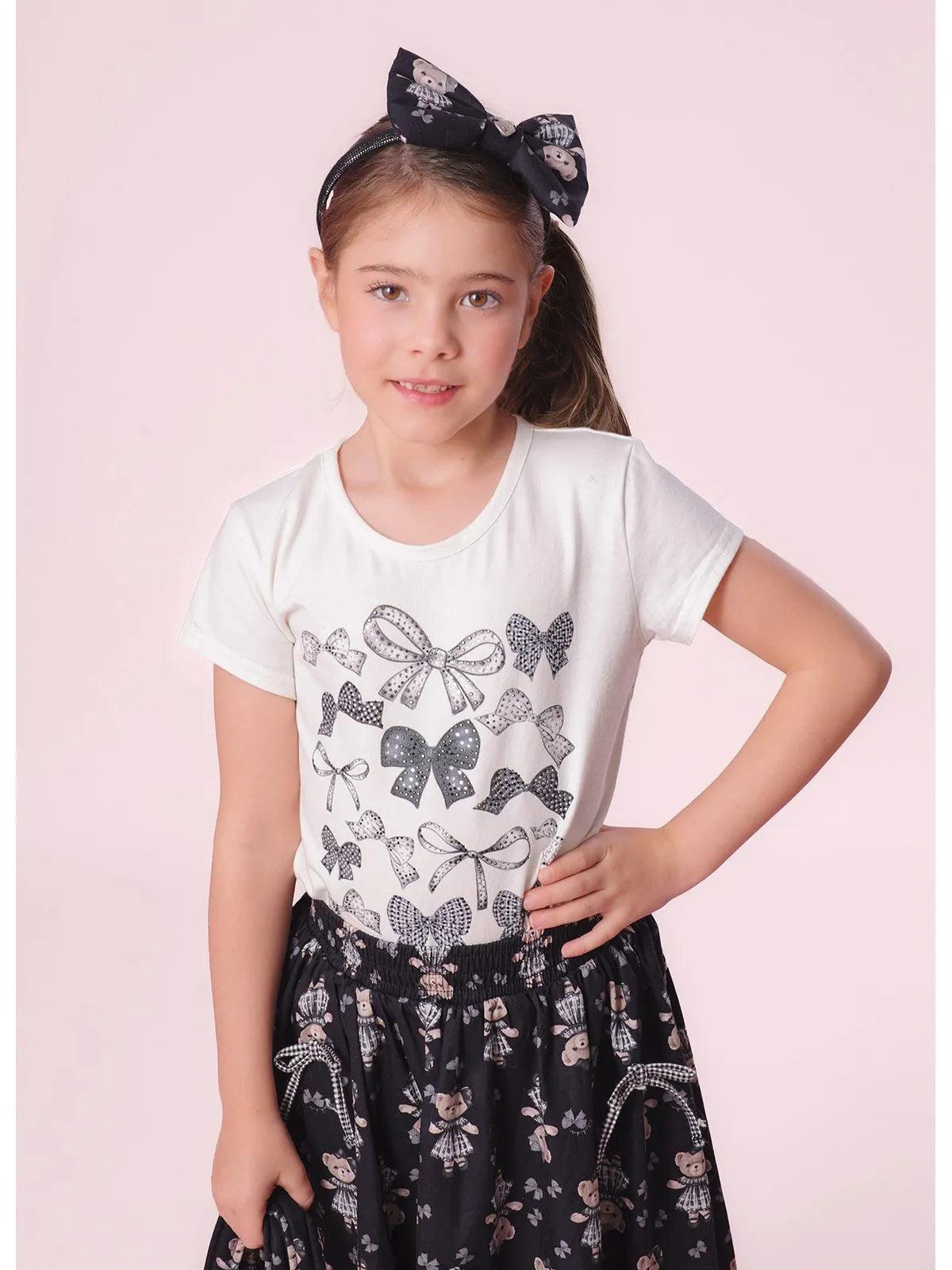 Blusa Cotton Serigrafia Multi Laços Cristais Off White - BambolePetit