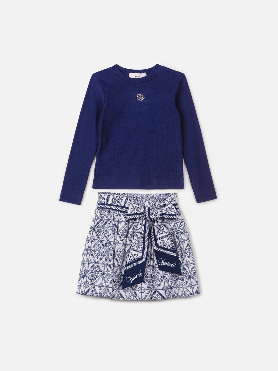 Conjunto Manga Longa Blusa Laço Saia Azul Marinho - BambolePetit