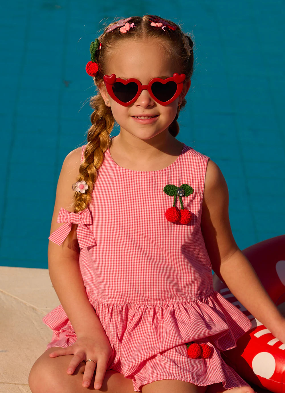 Blusa Algodão Xadrez Cereja Crochê Resort Pituchinhus