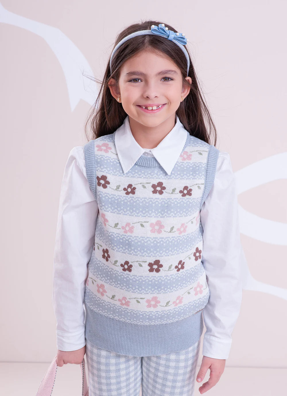 Colete Tricot Listrado Multi Flores Mescla Azul Claro Pituchinhus