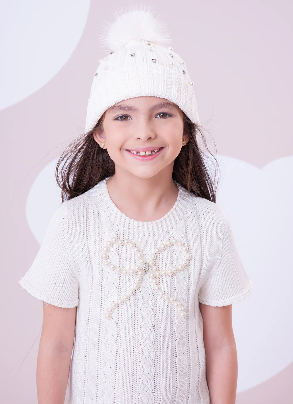Vestido Tricot Sem Costura Canelado Laço Bordado Off White Pituchinhus