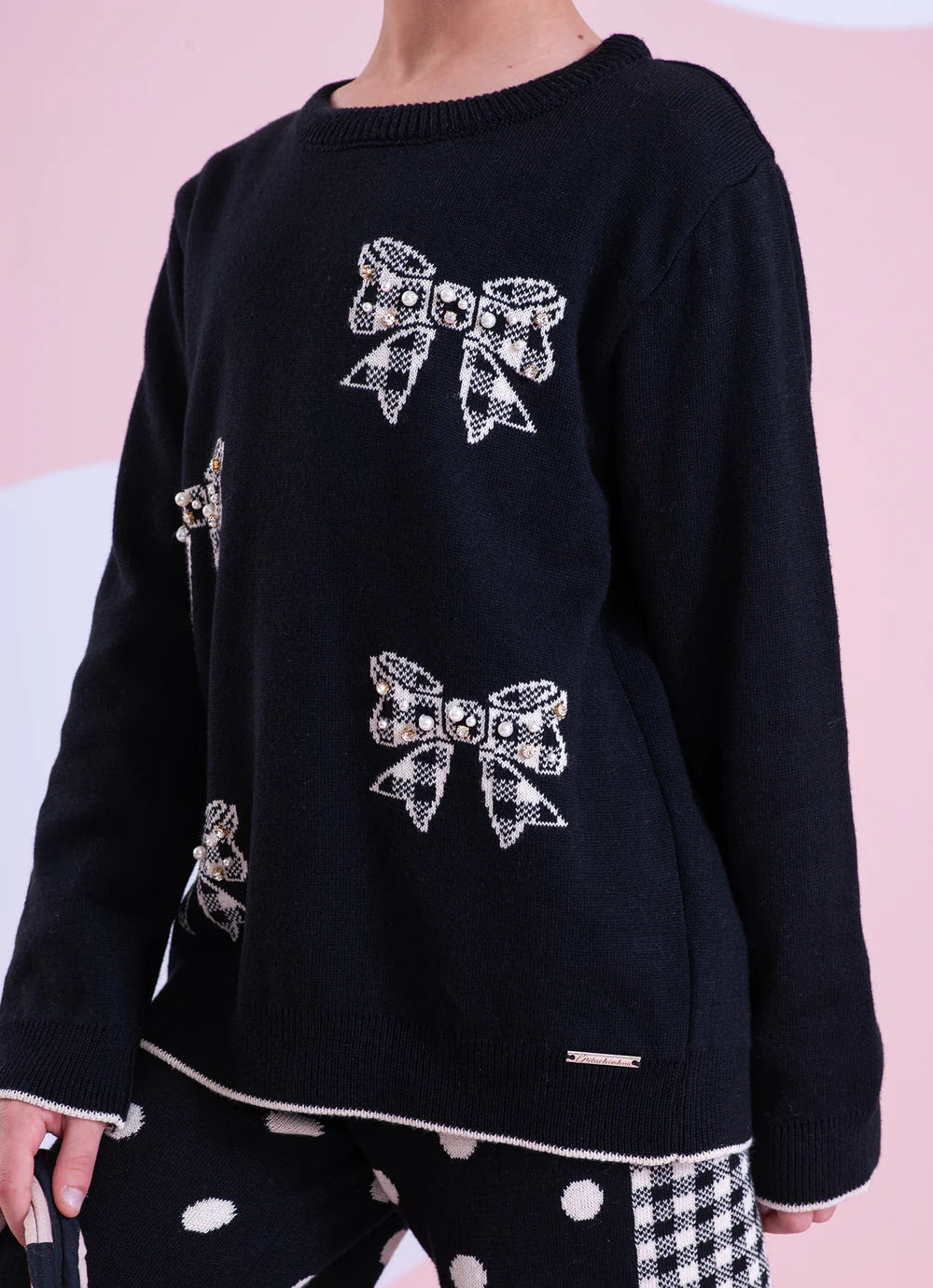 Blusa Tricot Laços Xadrez Bordados Preto Pituchinhus