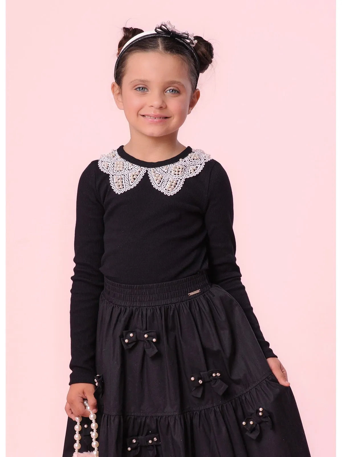 Blusa Ribgolinha Renda Bordada Preto - BambolePetit