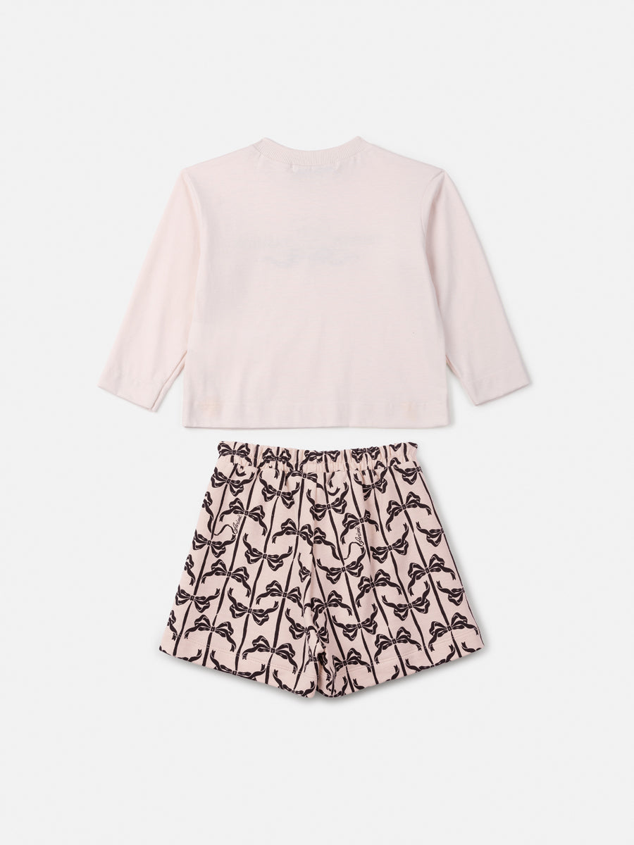 Conjunto Manga Longa Blusa Laços Shorts Bege - BambolePetit