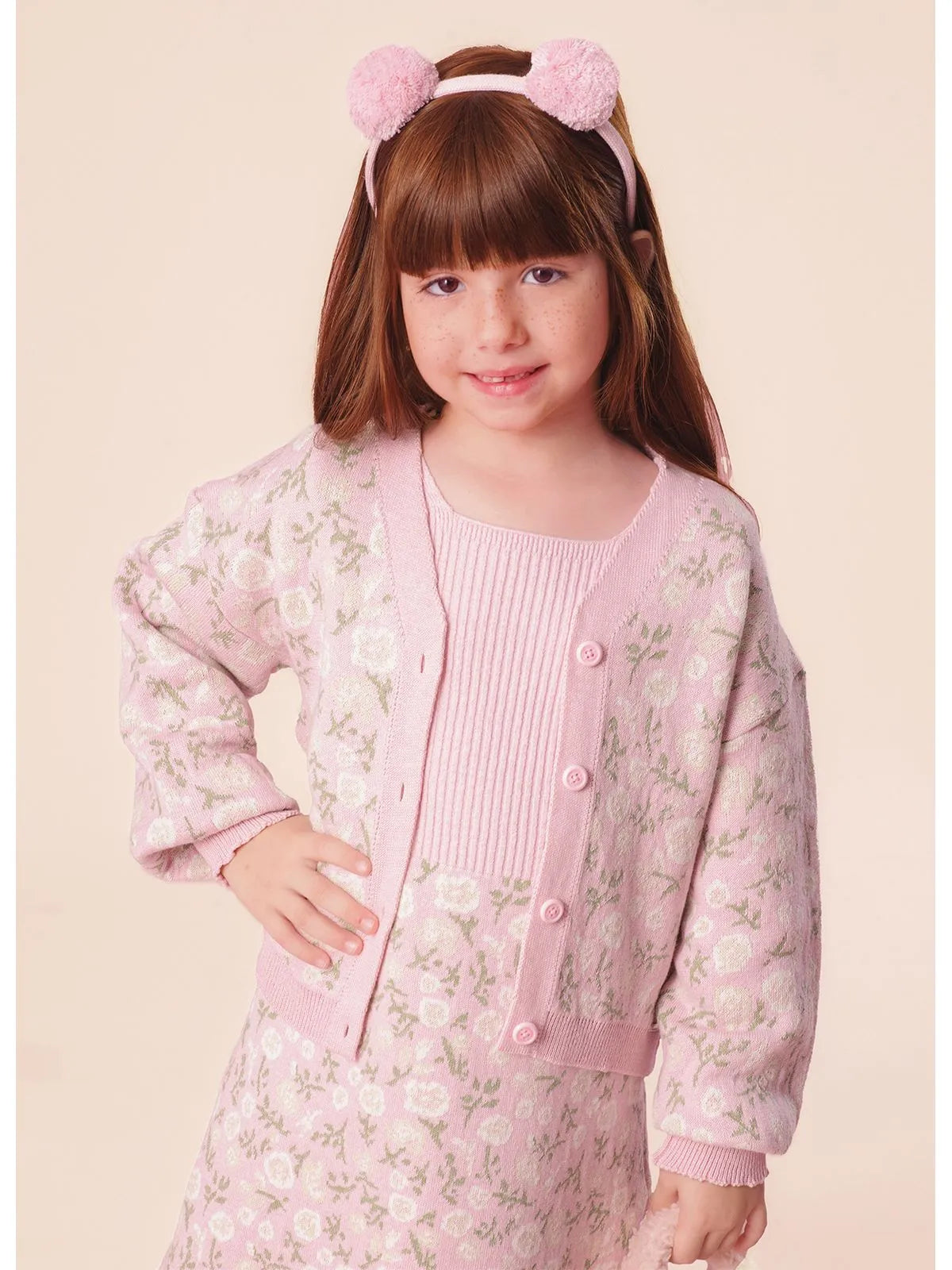 Casaco Tricot Jacquard Floral Mangas Bufantes Sugar Rose