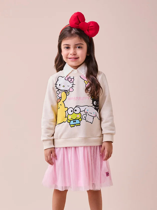 Vestido Manga Longa Hello Kitty Amigos Bege - BambolePetit
