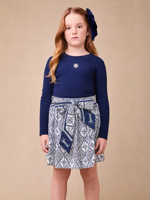 Conjunto Manga Longa Blusa Laço Saia Azul Marinho - BambolePetit