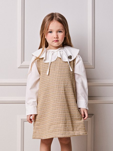 Vestido Em Tweed Xadrez Marrom/Bege Animê